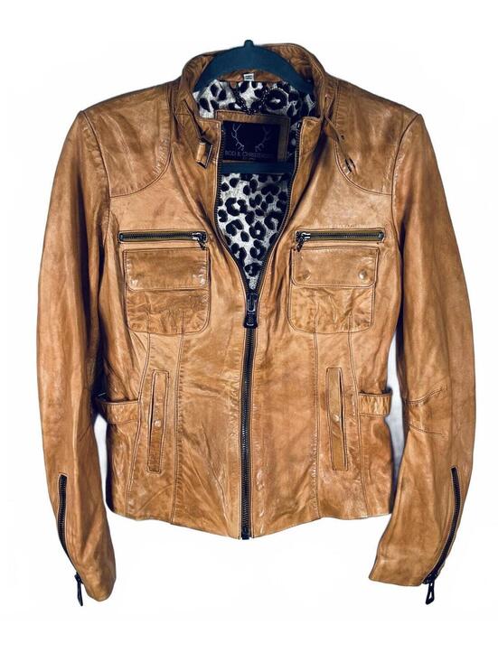 Jackets & Blazers - Bod & Christensen Tan Lambskin Leather Moto Jacket Leopard Print Lining Small